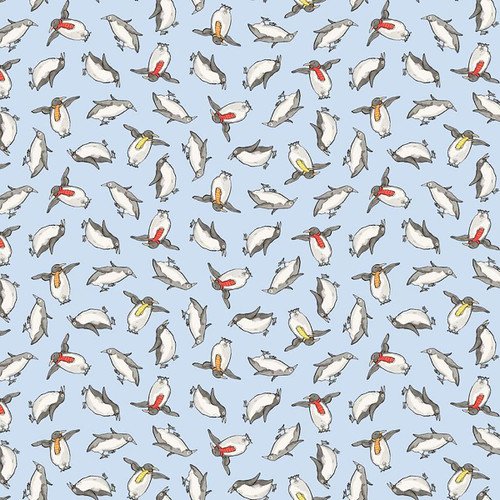 Clothworks Fabrics Anita Jeram Sky Blue Snowtime Penguins