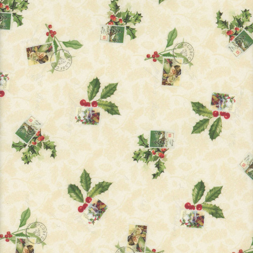 Clothworks Fabrics Katie Pertiet Cream Green Holiday Nostalgia Holly Stamps