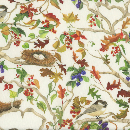 Clothworks Fabrics Cedar West Cream Green Bird Song Chickadee Love Birds Leaves