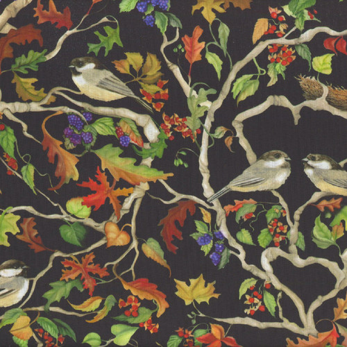 Clothworks Fabrics Cedar West Black Green Cream Bird Song Chickadee Love Birds Leaves