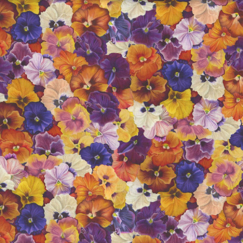 Clothworks Fabrics Cedar West Purple Yellow Orange Bird Song Pansies