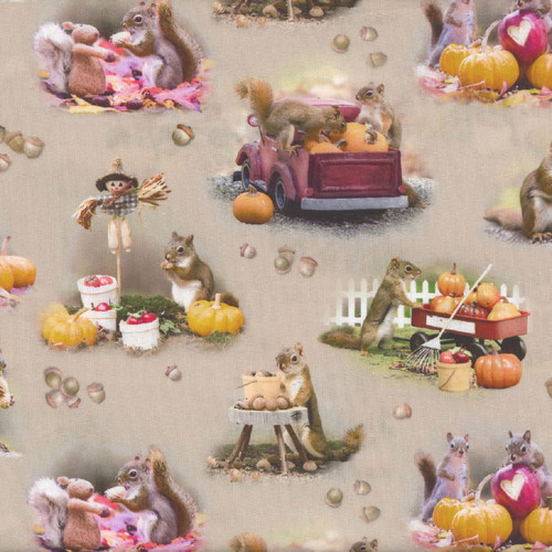 Clothworks Fabrics  Taupe Cream The Secret Life of Squirrels Toile