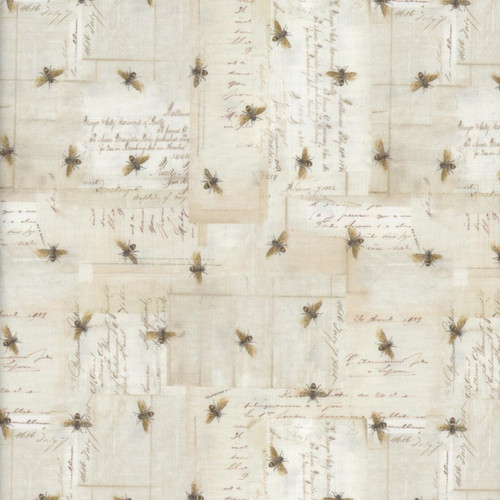 Clothworks Fabrics Harmony by Katie Pertiet Cream Beekeeper Journal and Bees, fabric with a vintage bee and handwritten script pattern.