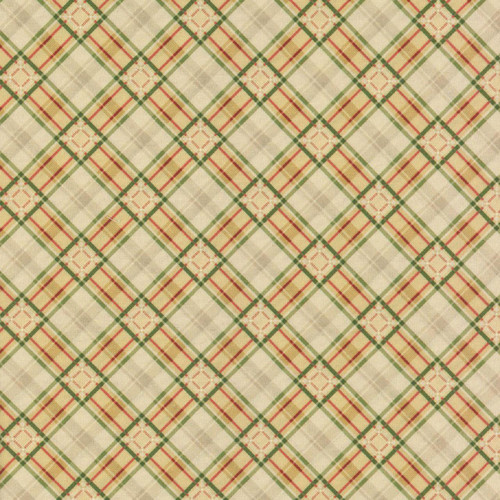 Clothworks Fabrics Katie Pertiet Gold Red Cream Holiday Nostalgia Diagonal Plaid, a festive plaid fabric with red, green, and cream colors arranged in a diagonal pattern.
