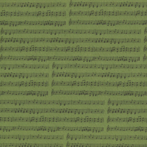 Clothworks Fabrics Katie Pertiet Olive Green Holiday Nostalgia Music, green fabric with black musical notes printed pattern.