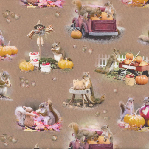Clothworks Fabrics Brown Tan The Secret Life of Squirrels Toile, detailed pattern featuring playful squirrels, pumpkins, and fall harvest scenes.
