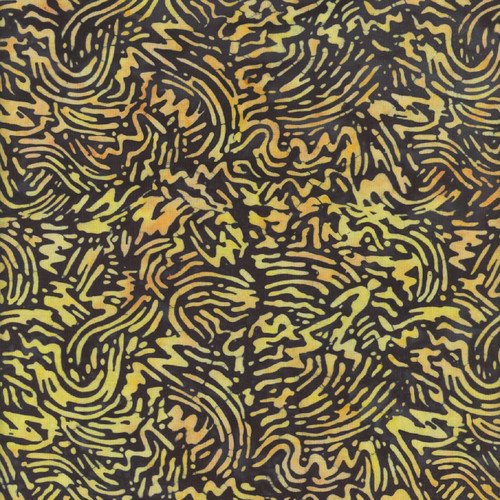 Windham Fabrics Anthology Batiks Yellow Jackets Yellow Black Doodle Dandy, fabric with a vibrant yellow and black abstract, doodle-style pattern.
