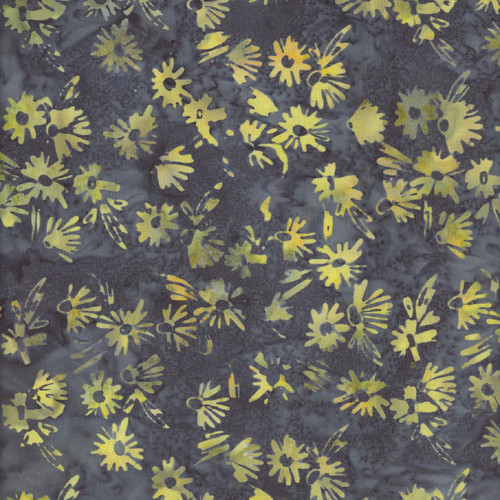 Windham Fabrics Anthology Batiks Yellow Jackets Bumble Yellow Black Eyed Susan Flowers, batik fabric with yellow flowers and black centers on a dark background.