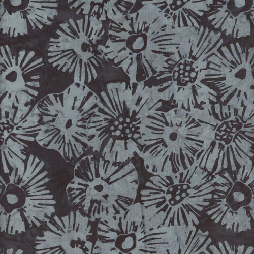 Windham Fabrics Anthology Batiks Yellow Jackets Charcoal Grey Etched Flower Petals, fabric with a charcoal grey background and a pattern of yellow jacket-inspired flowers with etched petal details.