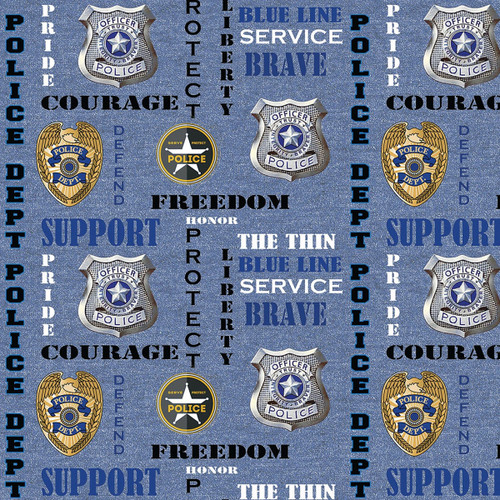 Benartex Fabrics Sykel Military Armed Services Police Department Denim Print Logo