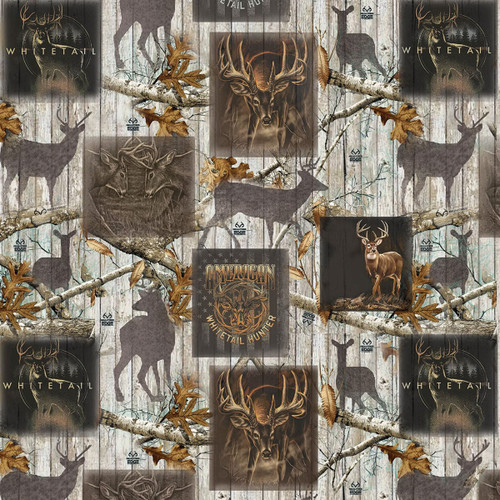 Benartex Fabrics Sykel Realtree Green Brown Deer Scene Boxes over Wood Planks