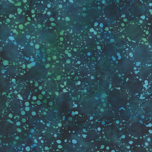 Windham Fabrics Anthology Batiks Jacqueline de Jonge Luna Peacock Circles Teal Blue, fabric pattern featuring teal and blue peacock circles on a dark background.