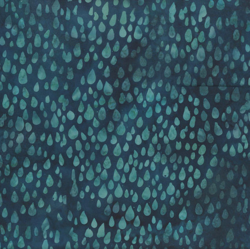 Windham Fabrics Anthology Batiks Jacqueline de Jonge Luna Dark Teal Blue Raindrops, fabric pattern with irregular teardrop shapes in shades of dark teal and blue.