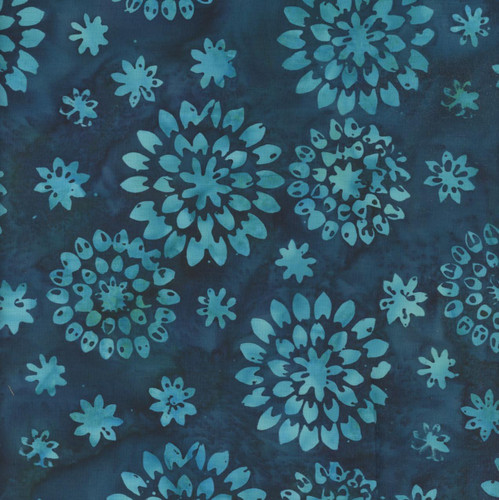 Windham Fabrics Anthology Batiks Jacqueline de Jonge Luna Dark Teal Blue Mum Burst, fabric with blue floral and mandala-like patterns on a dark teal background.