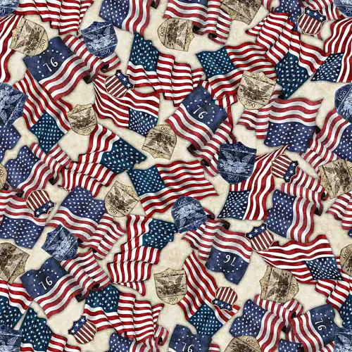 Quilting Treasures Fabrics 1776 by Dan Morris Cream Red Blue Independence American Flag