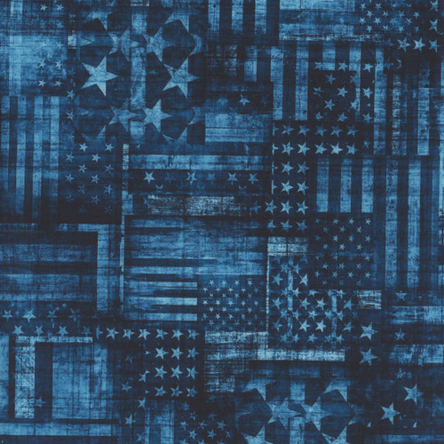 Quilting Treasures Fabrics 1776 by Dan Morris Blue Tonal American Flag Patchwork, blue toned fabric featuring patchwork American flags with stars and stripes design.