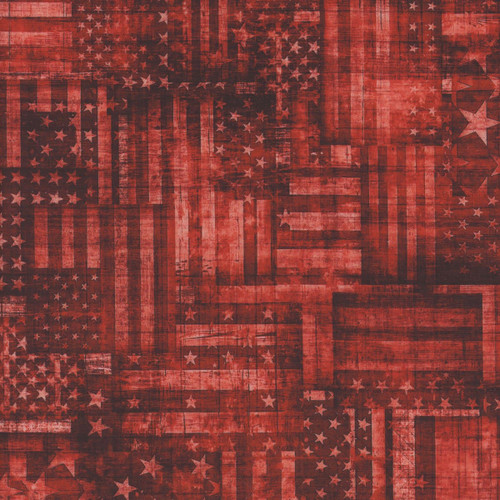 Quilting Treasures Fabrics 1776 by Dan Morris Red Tonal American Flag Patchwork, a patchwork fabric design featuring red, white, and blue American flag motifs with star patterns in a vintage, rustic style.