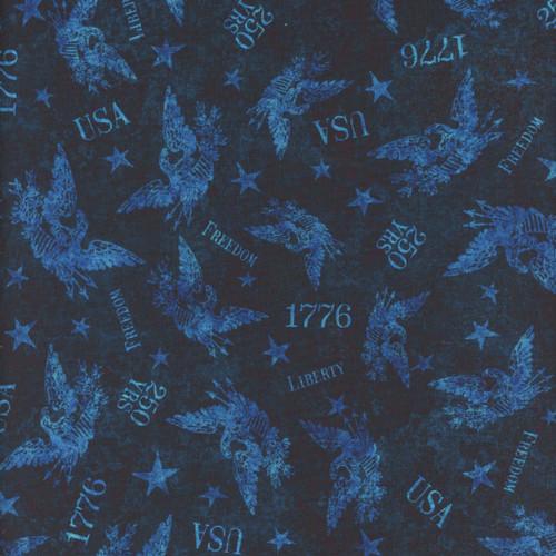 Quilting Treasures Fabrics 1776 by Dan Morris Blue Tonal Freedom Eagle, patriotic fabric with eagle, stars, and the words 'USA', 'Liberty', and '1776' in a blue tonal pattern.