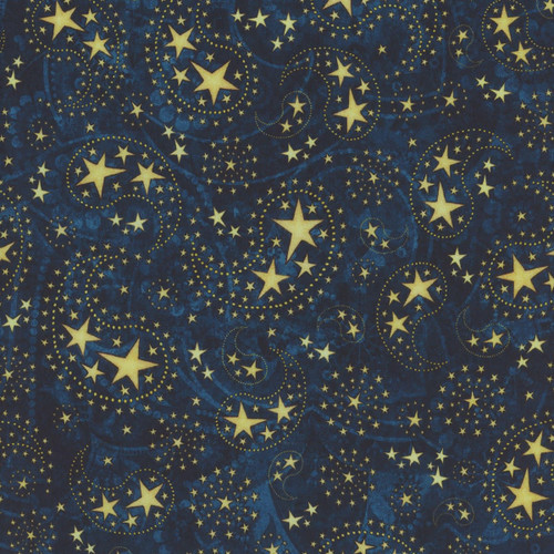 Quilting Treasures Fabrics 1776 by Dan Morris Navy Blue Paisley Stars, a fabric with a navy blue background featuring gold paisley swirls and stars for quilting and craft projects.