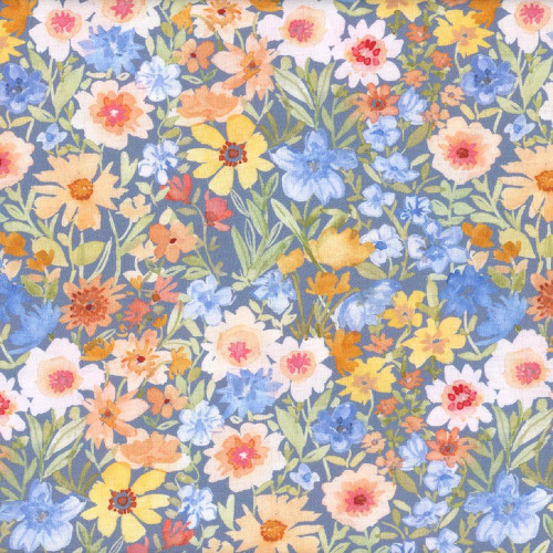 Dear Stella Fabrics Secret Garden Clara Jean Salt Pond Beach Flowers Peach Blue, floral fabric pattern with a colorful mix of peach, yellow, orange, blue, and green flowers and foliage.