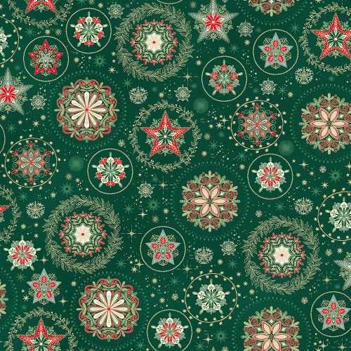 Andover Fabrics Good Tidings by Makower UK Green Snow Crystal, a festive fabric with intricate snowflake and star patterns in green, red, and cream colors.