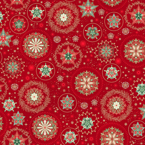 Andover Fabrics Good Tidings by Makower UK Red Snow Crystal, a festive fabric featuring intricate snowflake and star patterns in red, white, green, and gold on a red background suitable for holiday craft projects.