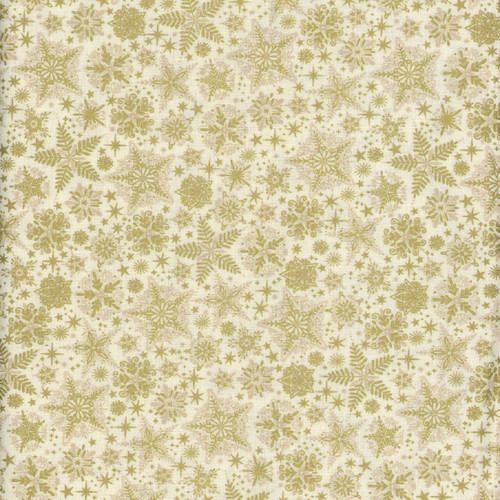 Andover Fabrics Good Tidings by Makower UK Cream Frosty Snowflake, cream fabric with gold snowflake and botanical pattern.