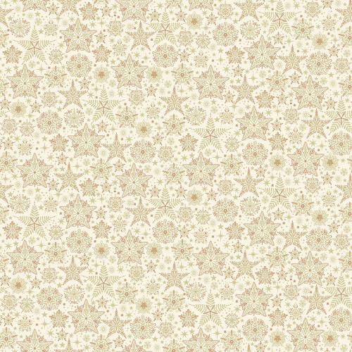 Andover Fabrics Good Tidings by Makower UK Cream Frosty Snowflake, a detailed pattern of snowflakes in cream, gold, and light green.