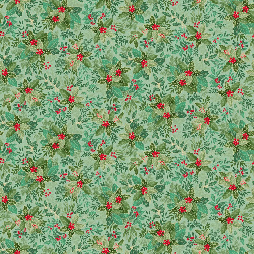 Andover Fabrics Good Tidings by Makower UK Green Holly Bush, Christmas-themed fabric with holly leaves and red berries pattern.