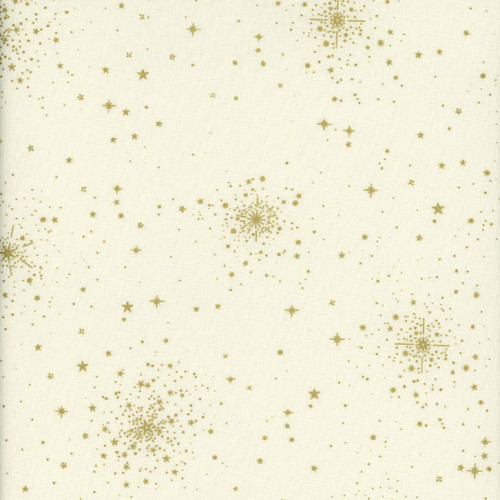 Andover Fabrics Good Tidings by Makower UK Cream Christmas Star, a fabric with a cream background and gold glittery snowflake and star patterns for festive sewing projects.