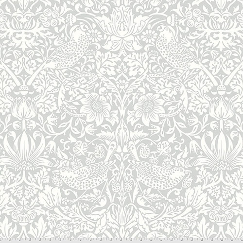 Free Spirit Fabrics 108 Inch Wide Quilt Backs Hawkdale by Morris & Co. Pure Morris Strawberry Thief Silver, intricate silver and white floral and bird pattern quilt backing fabric.