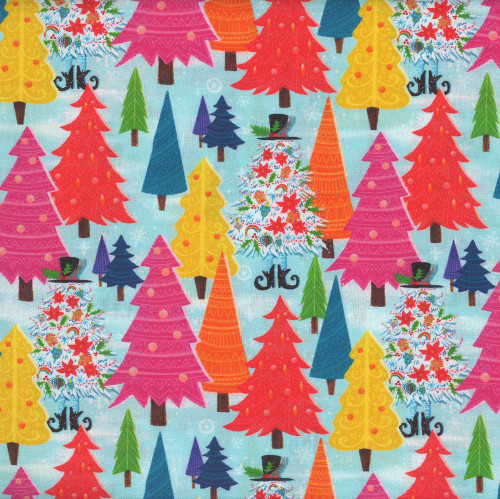 3 Wishes Fabrics Holidazzle Emiko Pink Orange Blue Christmas Trees