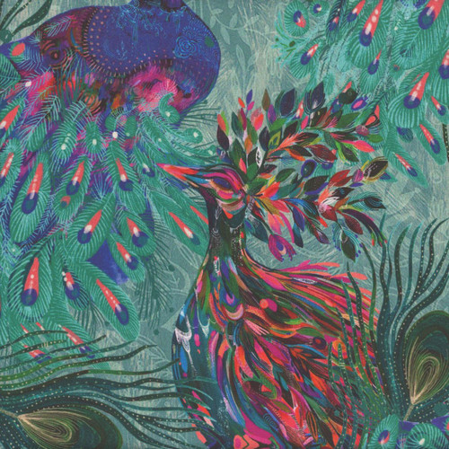 Benartex Fabrics Affinity Danielle Duer Teal Blue Affinity Peacock, vibrant fabric featuring a colorful peacock with detailed feathers and flora in shades of teal, blue, pink, purple, and green.