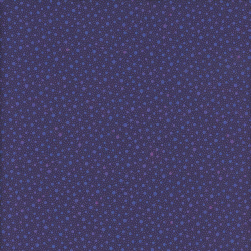 Benartex Fabrics Affinity Danielle Duer Plum Purple Dapple Dot, fabric with a purple background featuring a pattern of small and large blue and purple dots.