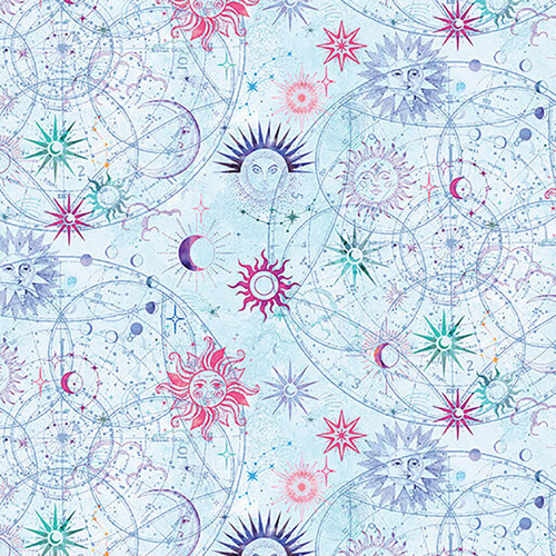 Benartex Fabrics Celestial Skies Skyline Studio Turquoise Blue Sun and Moon
