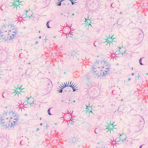 Benartex Fabrics Celestial Skies Skyline Studio Plum Purple Sun and Moon, colorful celestial and starry night sky print with sun and moon illustrations on pink background. Benartex Fabrics Celestial Skies Skyline Studio Plum Purple Sun and Moon, colorful celestial and starry night sky print with sun and moon illustrations on pink background.