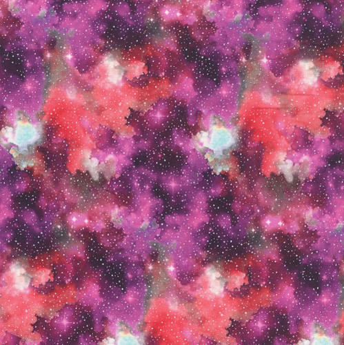 Benartex Fabrics Celestial Skies Skyline Studio Fuchsia Coral Pink Light Show Sky, vibrant galaxy-inspired fabric with pink, purple, and red nebula patterns and white star-like accents. Benartex Fabrics Celestial Skies Skyline Studio Fuchsia Coral Pink Light Show Sky, vibrant galaxy-inspired fabric with pink, purple, and red nebula patterns and white star-like accents.