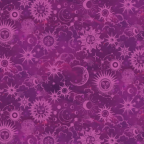 Benartex Fabrics Celestial Skies Skyline Studio Fuchsia Pink Sun and Moon Tonal