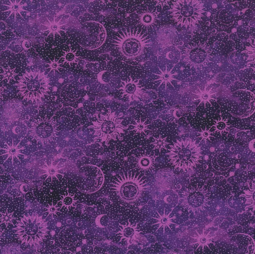 Benartex Fabrics Celestial Skies Skyline Studio Violet Purple Sun and Moon Tonal, fabric featuring celestial motifs of suns, moons, and stars in various shades of purple and violet. Benartex Fabrics Celestial Skies Skyline Studio Violet Purple Sun and Moon Tonal, fabric featuring celestial motifs of suns, moons, and stars in various shades of purple and violet.