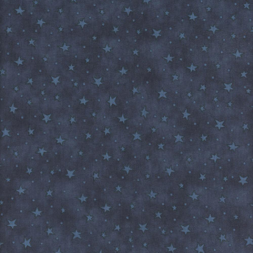 Henry Glass Fabrics Leanne Anderson Basics Indigo Blue Folk Art Starry, fabric with a dark indigo blue background featuring a pattern of light blue stars of various sizes.