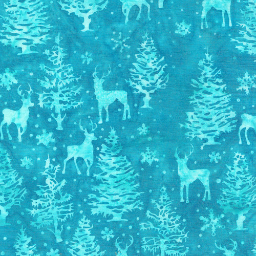 Lumin Fabrics Island Batik Bright Tidings Trees and Deer Teal Surf