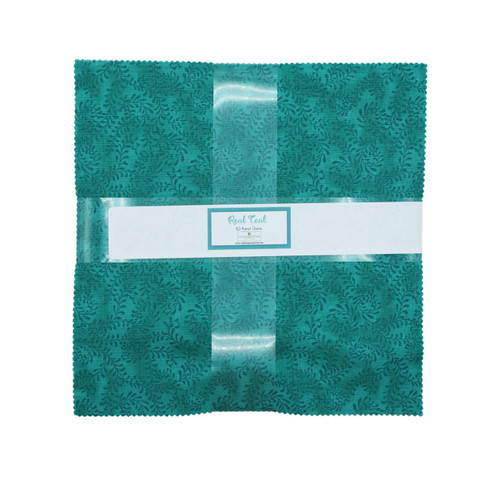 Wilmington Prints Essentials Real Teal Charm Squares Five Inch, a pack of teal-colored fabric pre-cut charm squares with a floral pattern for quilting and crafting.