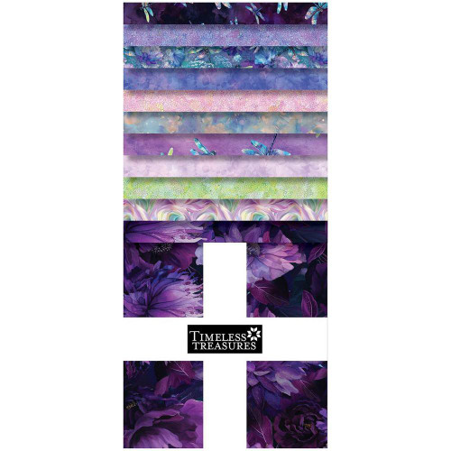 Timeless Treasures Fabrics Dragonfly Mist Mist Layer Cake Ten Inch Squares, colorful fabric collection with purple, blue, pink, and green hues featuring floral and dragonfly patterns.