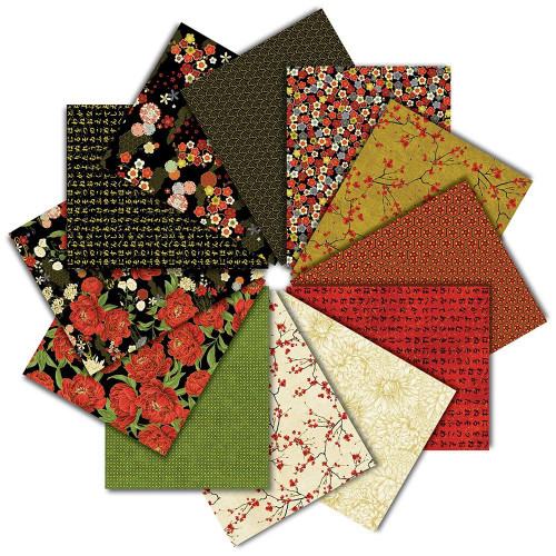 Timeless Treasures Fabrics Lotus Garden by Chong A Hwang Lotus 12 Fat Quarters, a collection of colorful and patterned fabric swatches with floral, geometric, and Asian-inspired designs.