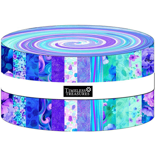 Timeless Treasures Fabrics Bellagio by Chong A Hwang Bellagio Jelly Roll Fabric Strips, vibrant purple and blue floral and abstract patterns on fabric strips.