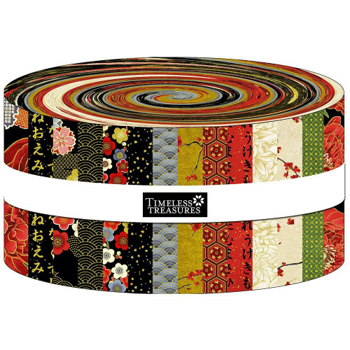 Timeless Treasures Fabrics Lotus Garden by Chong A Hwang Lotus Jelly Roll Fabric Strips, colorful and patterned fabric strips with traditional Japanese motifs and floral designs.
