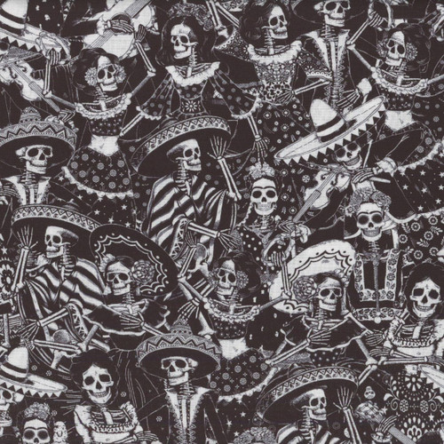 Timeless Treasures Fabrics Stroke of Genius Black Day Of The Dead Toile, featuring a black and white pattern of skeletons dressed in traditional Mexican attire celebrating Día de los Muertos with musical instruments and floral accents.