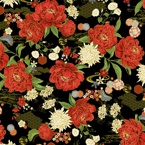 Timeless Treasures Fabrics Lotus Garden by Chong A Hwang Black Lotus Floral Metallic