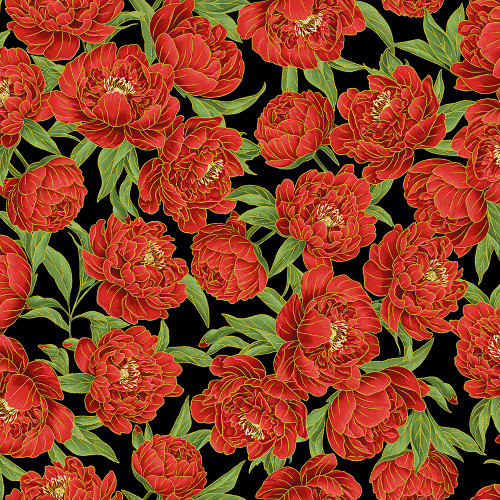 Timeless Treasures Fabrics Lotus Garden by Chong A Hwang Black Metallic Peony Floral