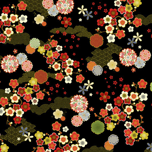 Timeless Treasures Fabrics Lotus Garden by Chong A Hwang Black Geo Asian Floral Metallic
